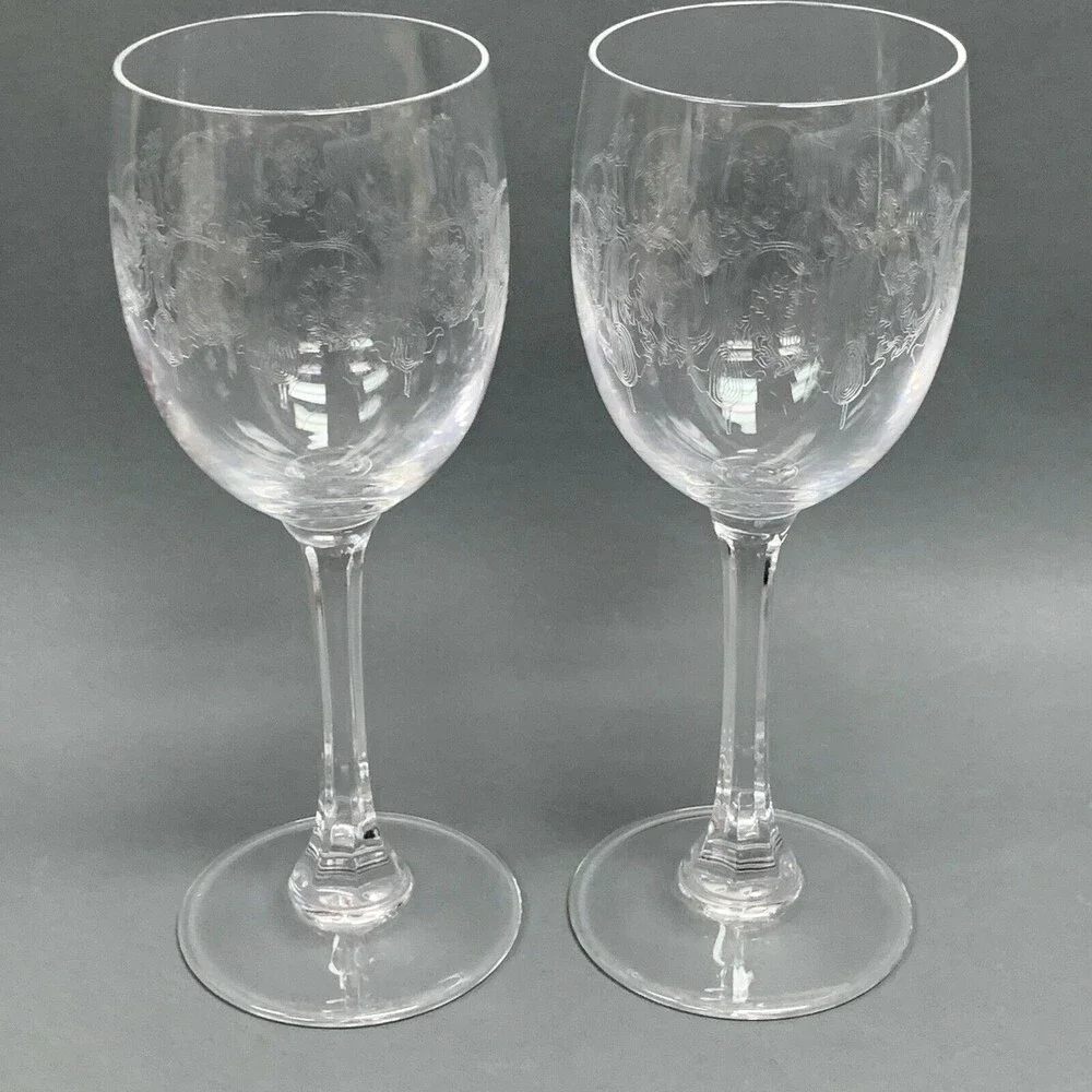 Clear Glass Wine‎ Glasses 7 1/2 high Lot of 2 Etched